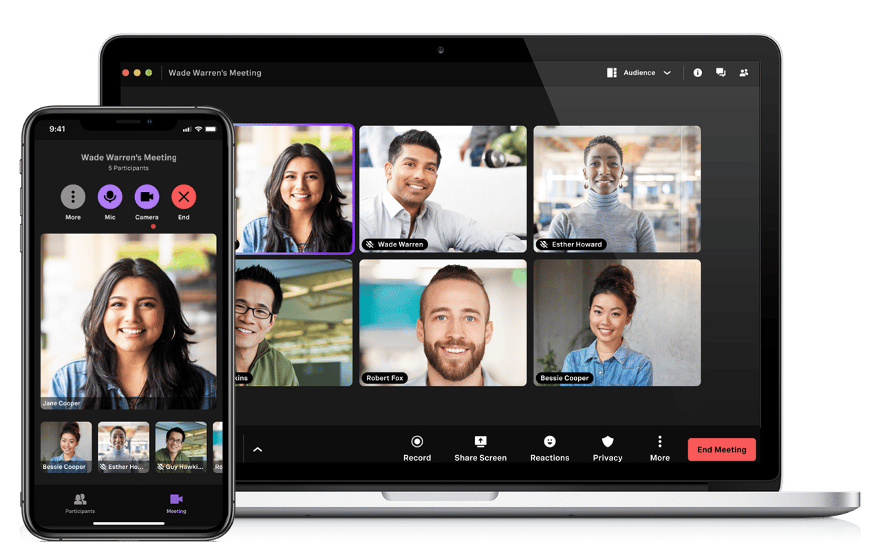 Bild einer Frau, die Vonage Meetings verwendet, und ein eingeblendeter Screenshot der Teilnehmer im Anruf