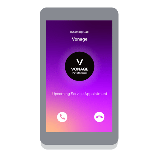 Screenshot of a cell phone showing an incoming call, with branded info visible on the screen, including Vonage, the Vonage logo, and an alert that reveals that the call is about an Upcoming Service Appointment